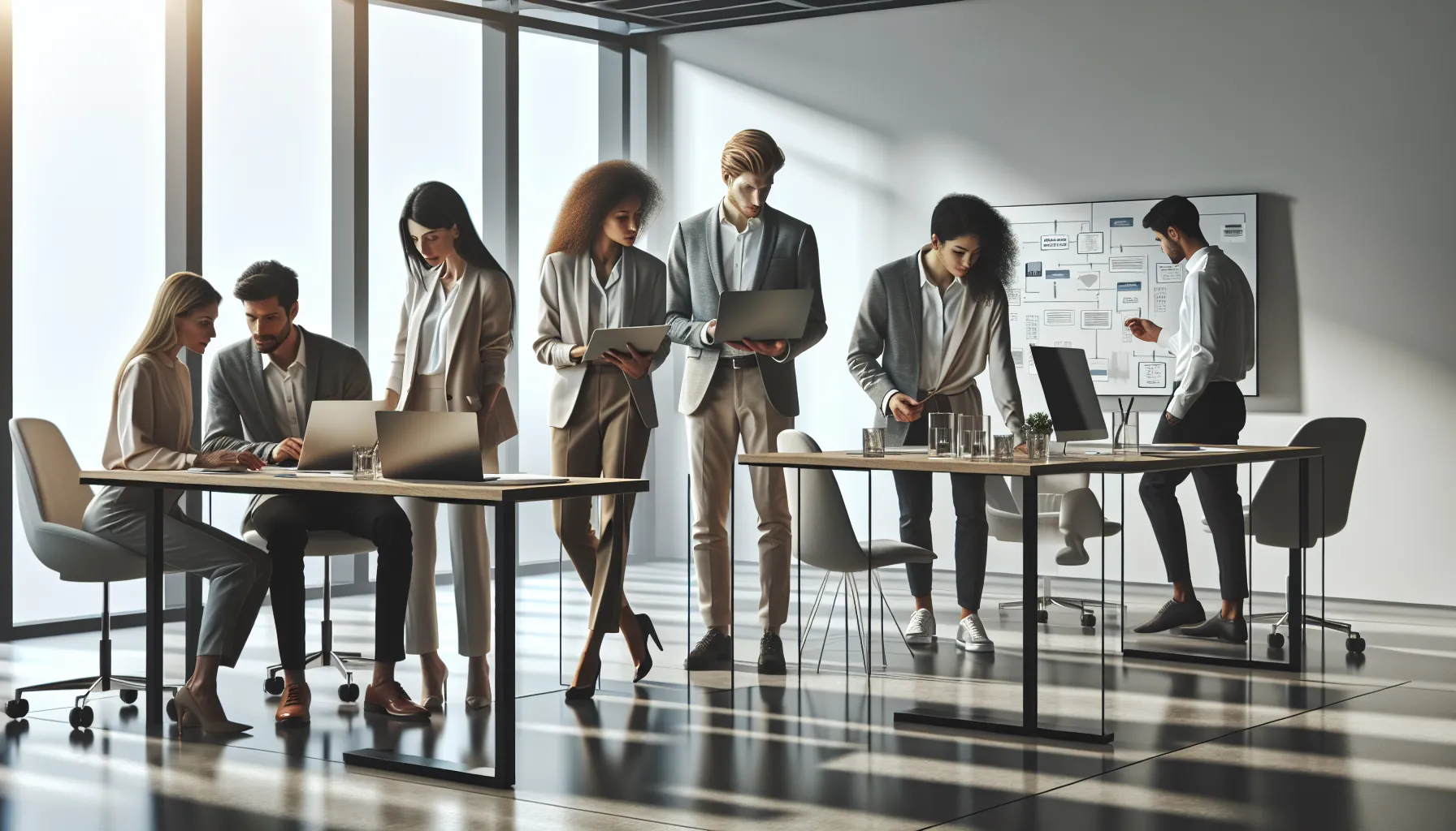 diverse professionals collaborating in a modern office using Nimuri159 technology.