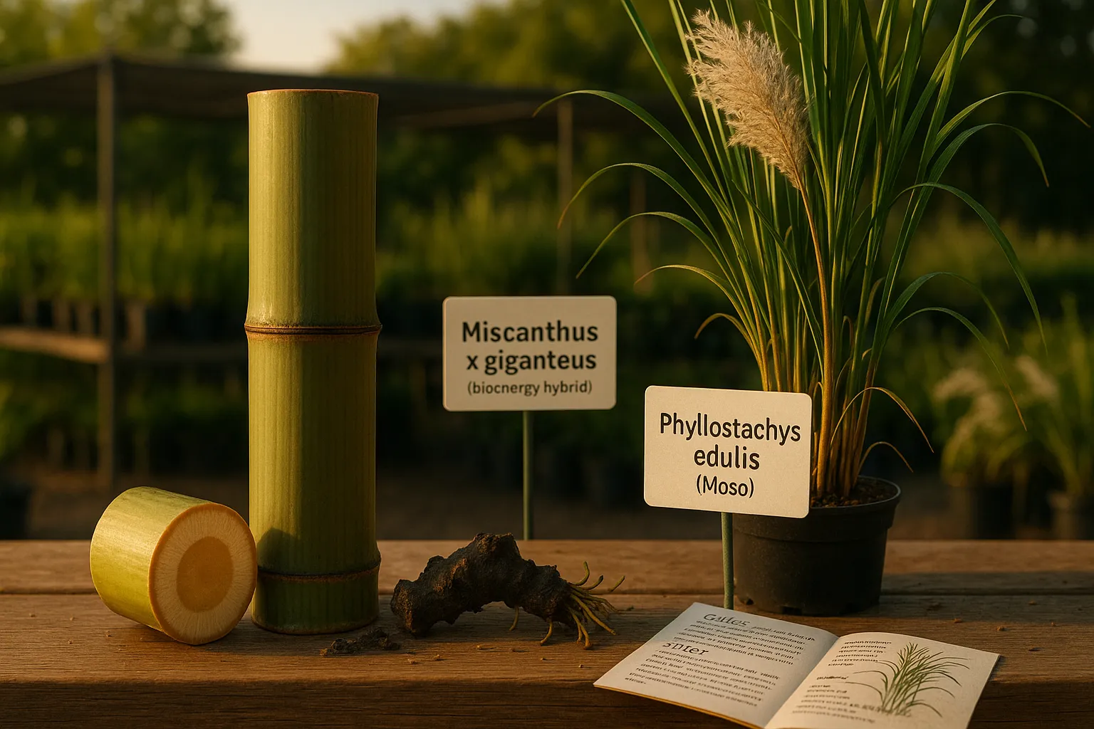 A Moso bamboo culm and Miscanthus × giganteus clump side-by-side in a nursery.