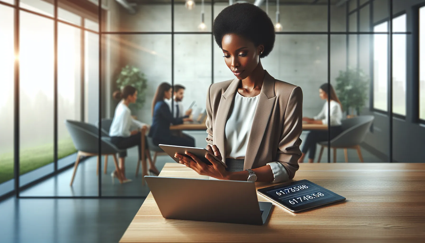 Businesswoman analyzing a number on her tablet in a modern office.