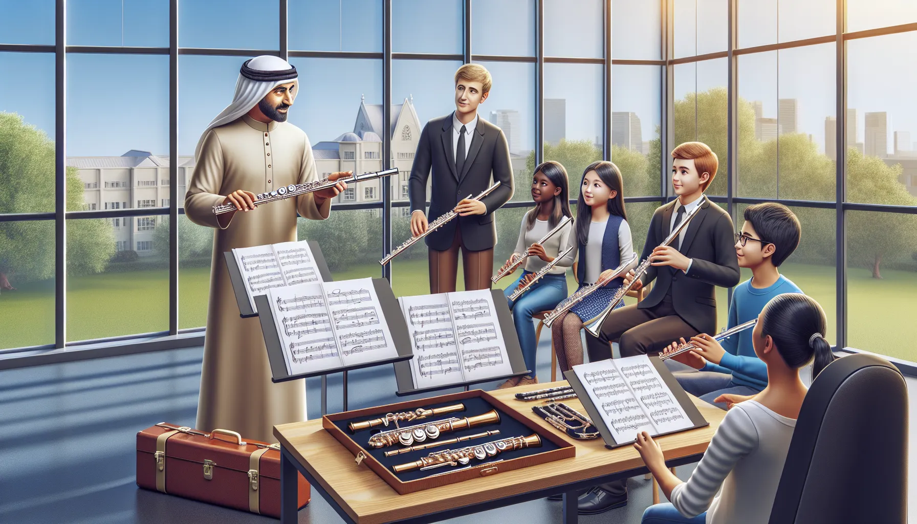 An instructor demonstrates differences between a flute and a piccolo to students indoors.