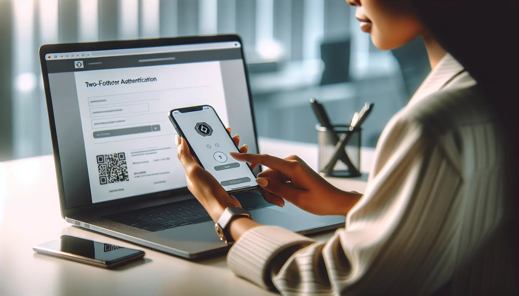 Professional setting up Google Authenticator 2FA on Binance using smartphone and laptop.