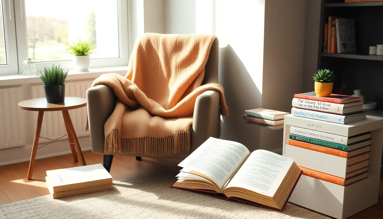 a cozy reading nook with relationship advice books.