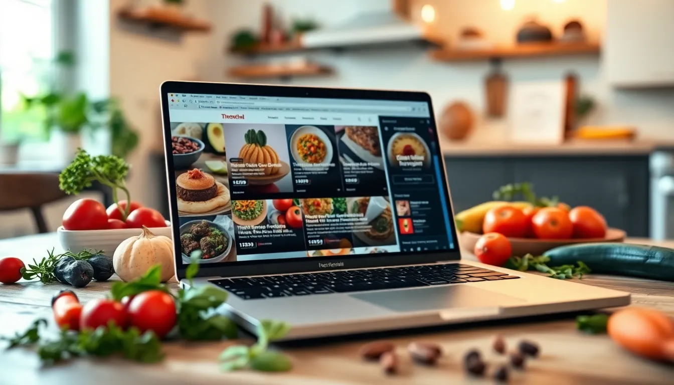 Laptop displaying a food blog with fresh ingredients around it.