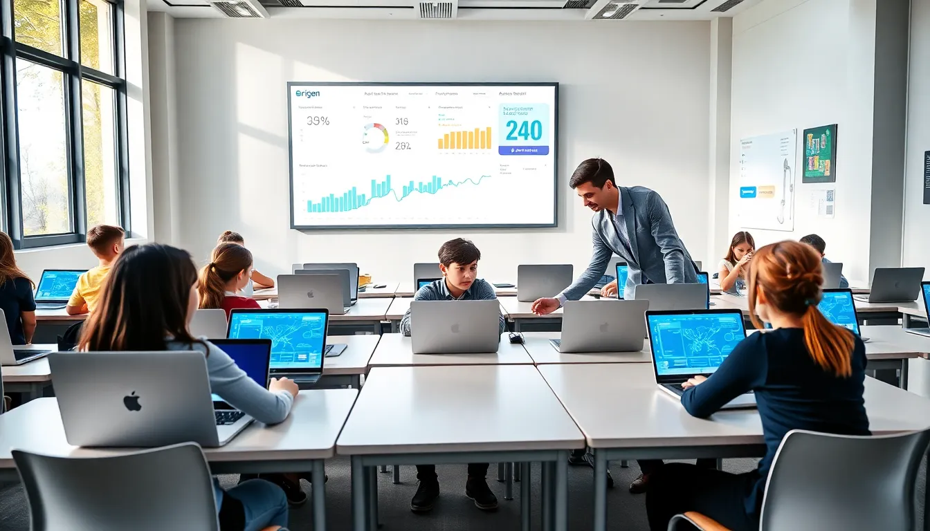 students using AI technology in a modern classroom setting.