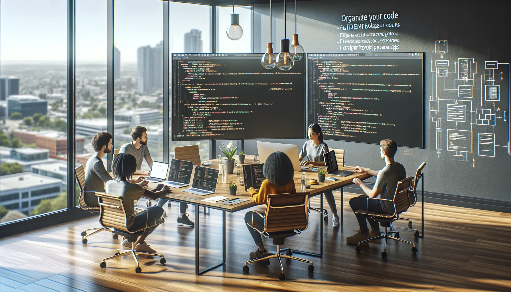 diverse team of developers collaborating in a modern office.