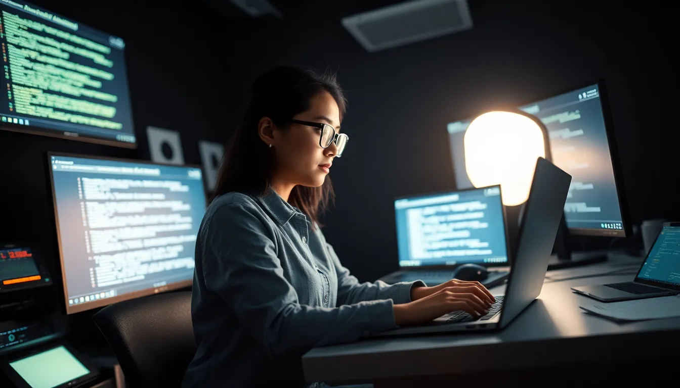 a woman focusing on online security measures in a dark, tech-filled room.