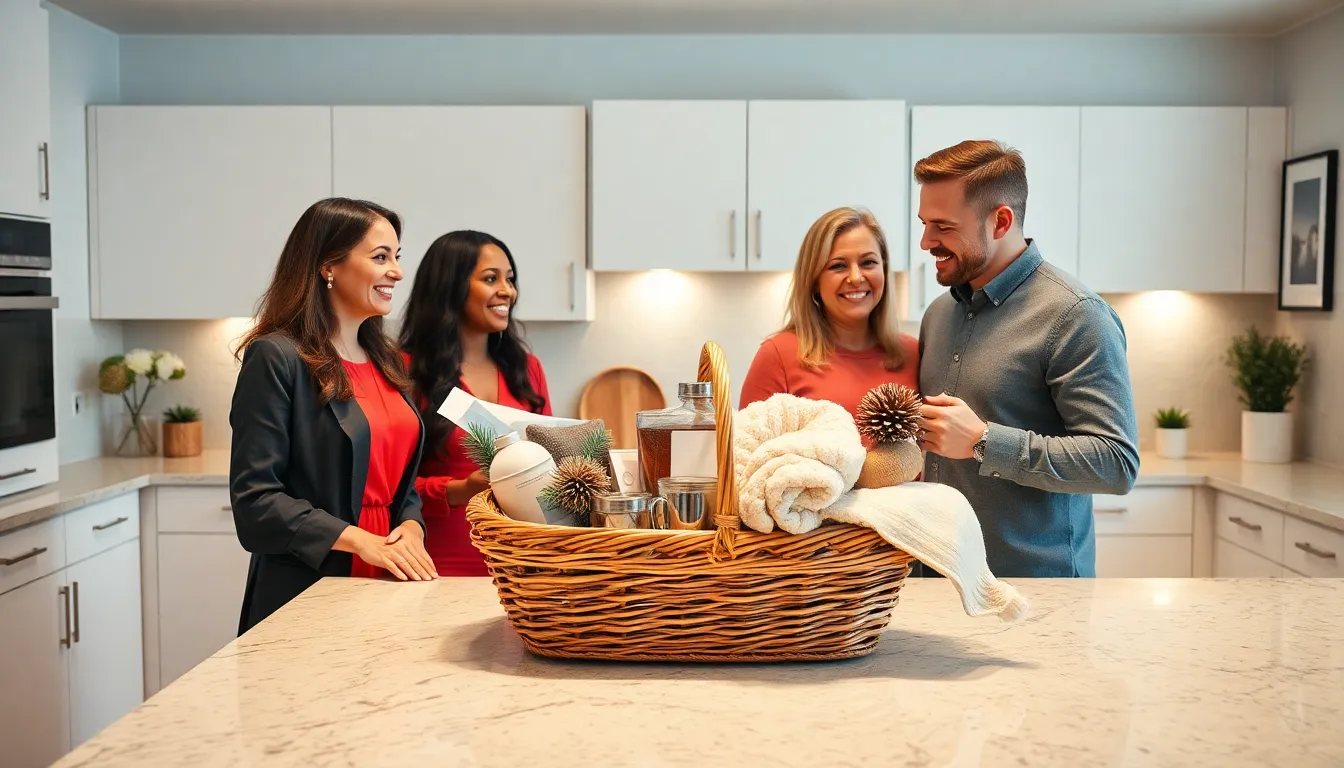 a diverse group presenting housewarming gifts in a welcoming kitchen.