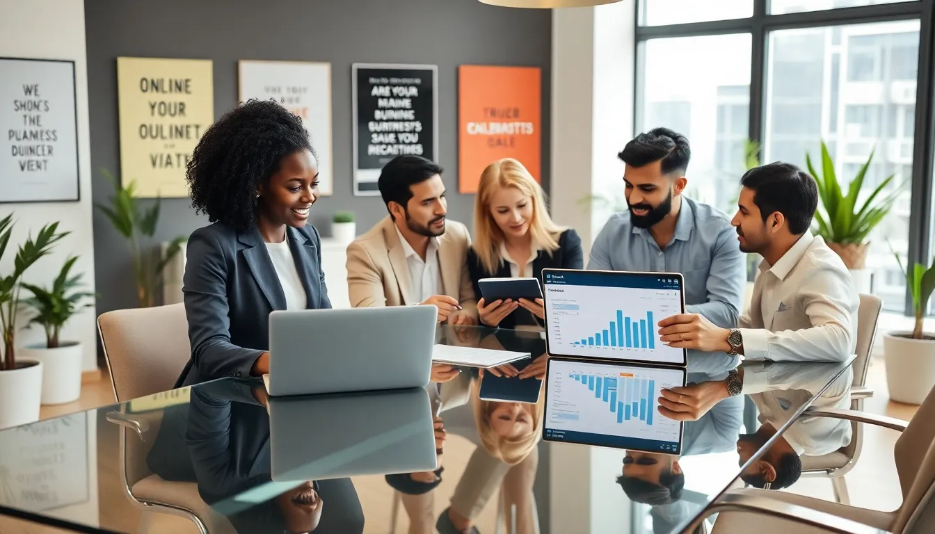 diverse professionals collaborating in a modern office setting.