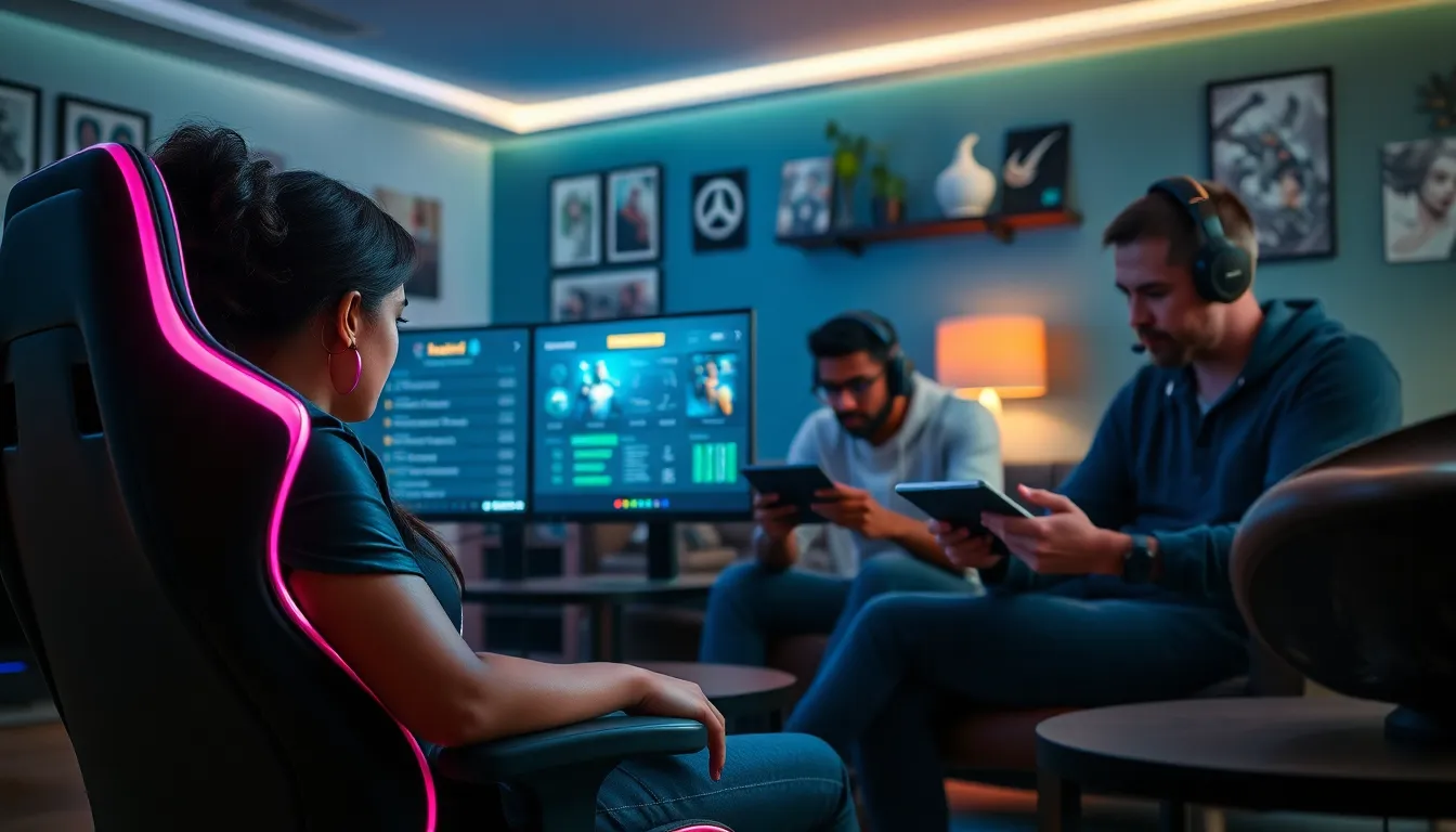 diverse gamers in a modern gaming setup focusing on Overwatch ratings.