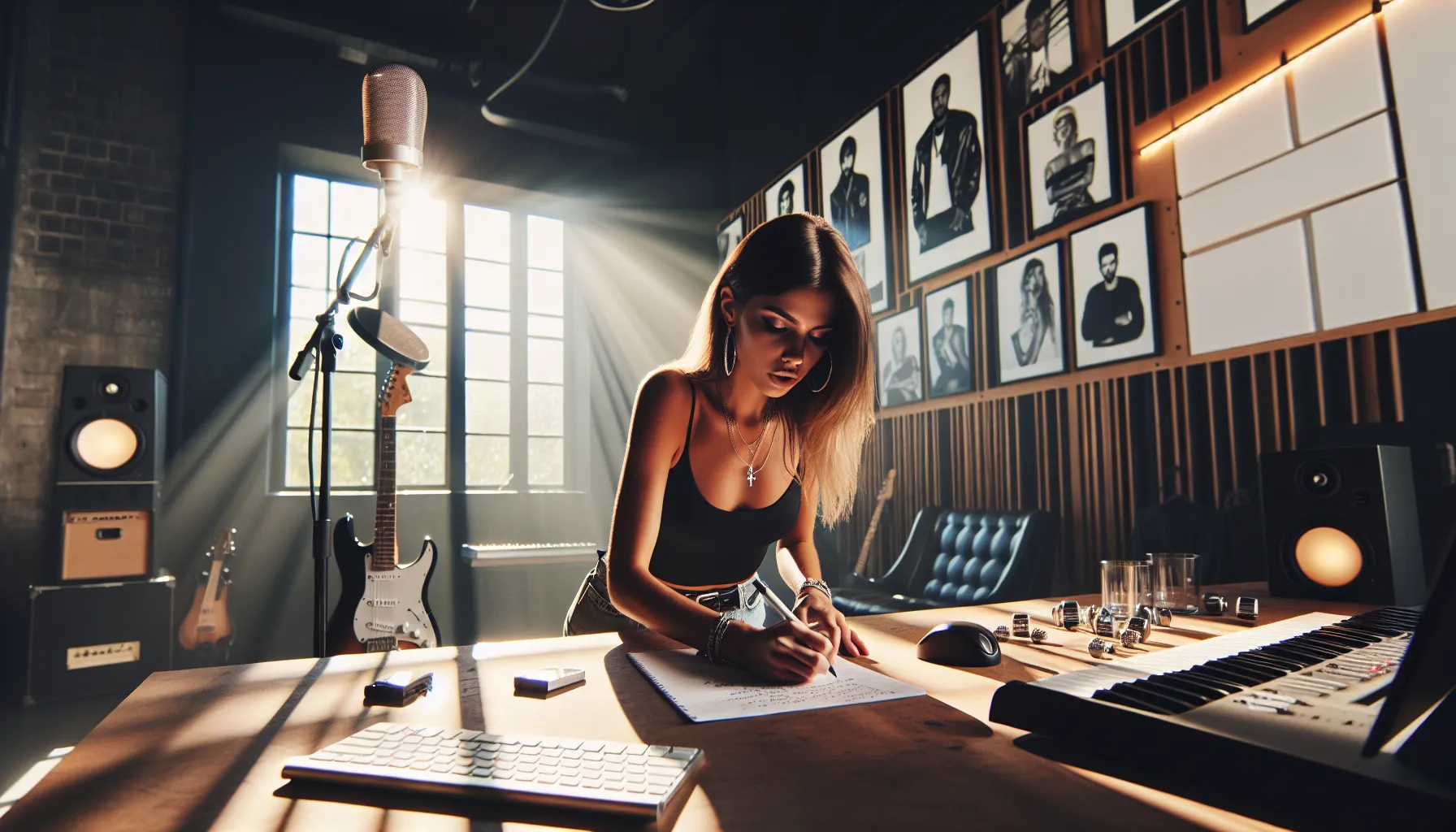 Yela Austin creating music in a modern studio filled with instruments.