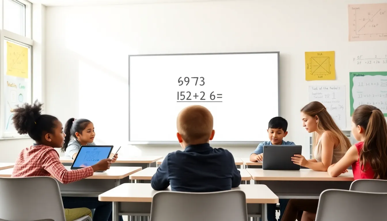 diverse students working together on a multiplication problem in a classroom.