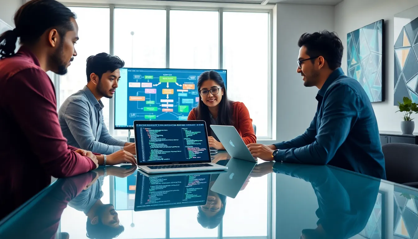 diverse team collaborating on a C++ code generator project in a modern office.
