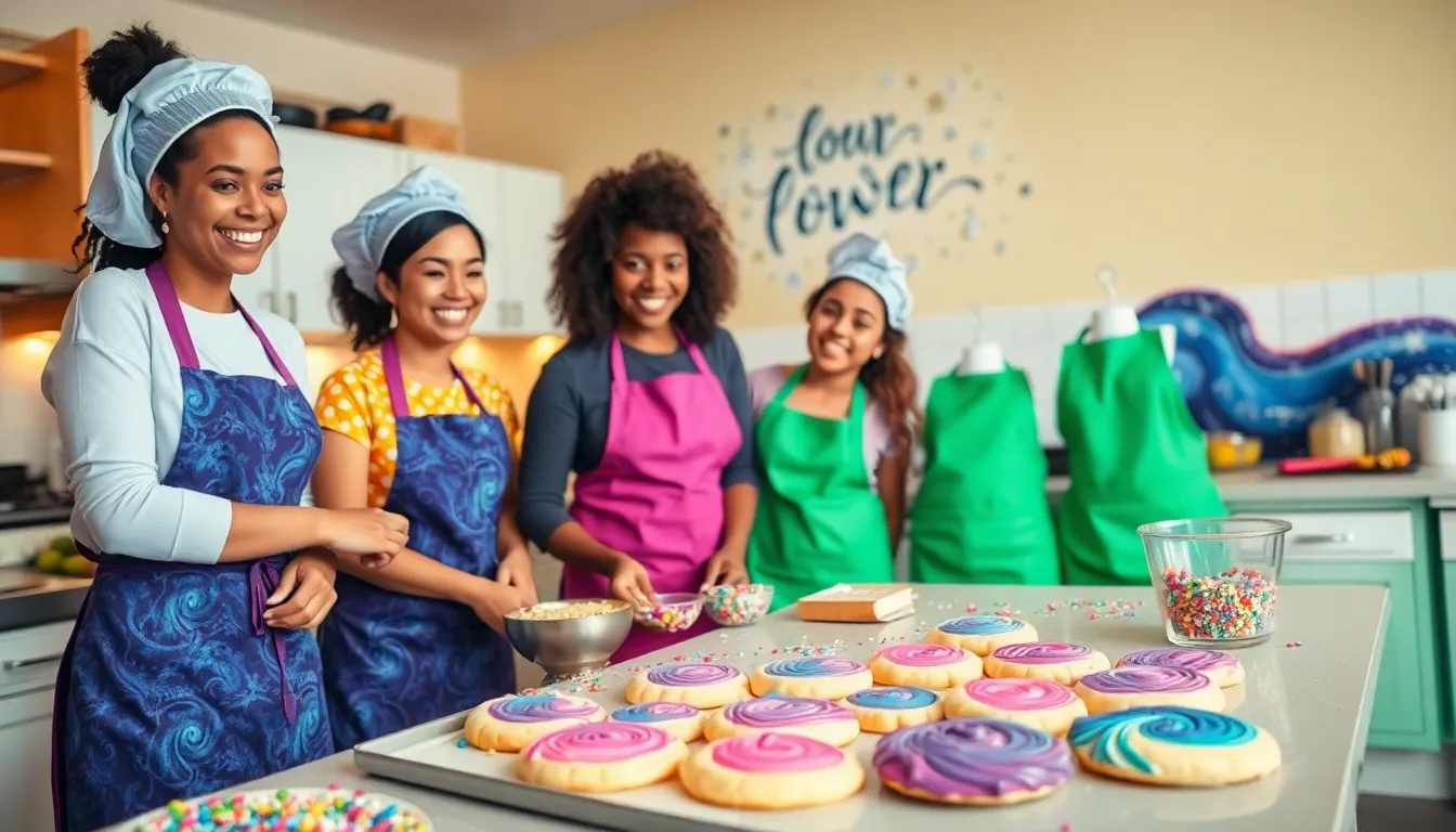 Bakers creating colorful Flour Power Nebula Cookies in a bright kitchen.
