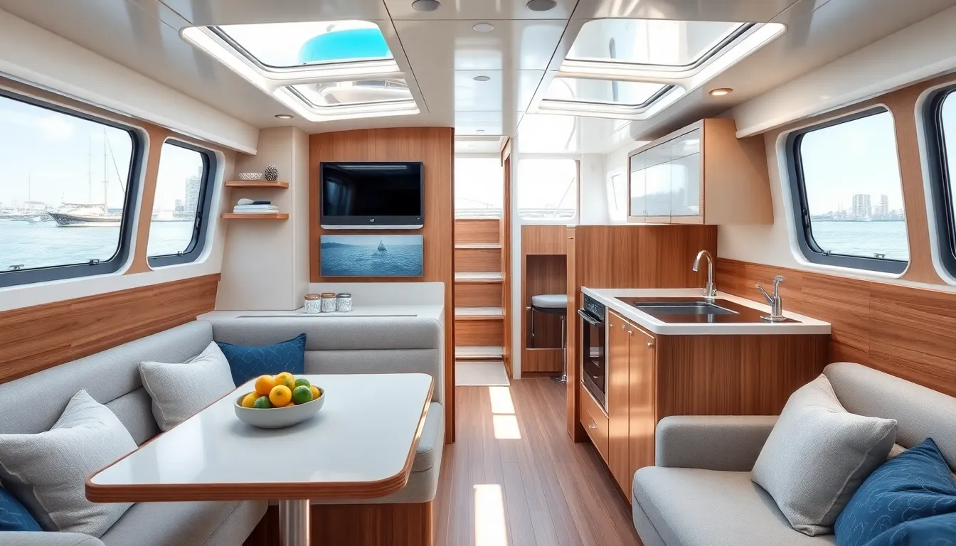 modern small boat interior emphasizing functionality and comfort.