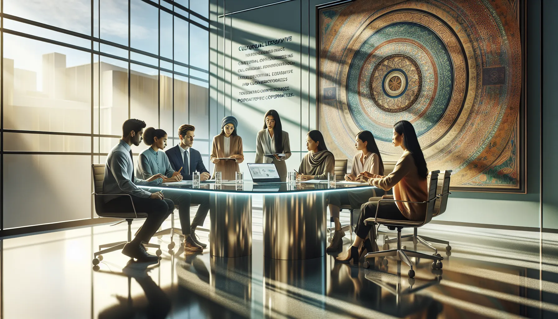 diverse team discussing cultural preservation in a modern office.