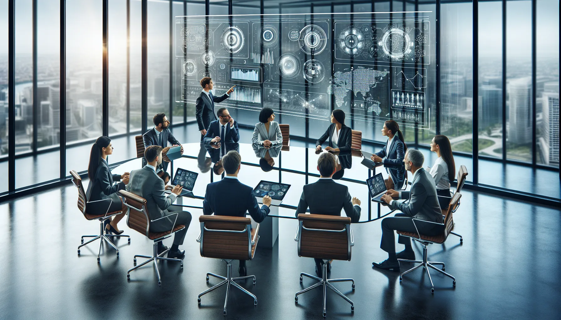 diverse team discussing future trends in a modern office.