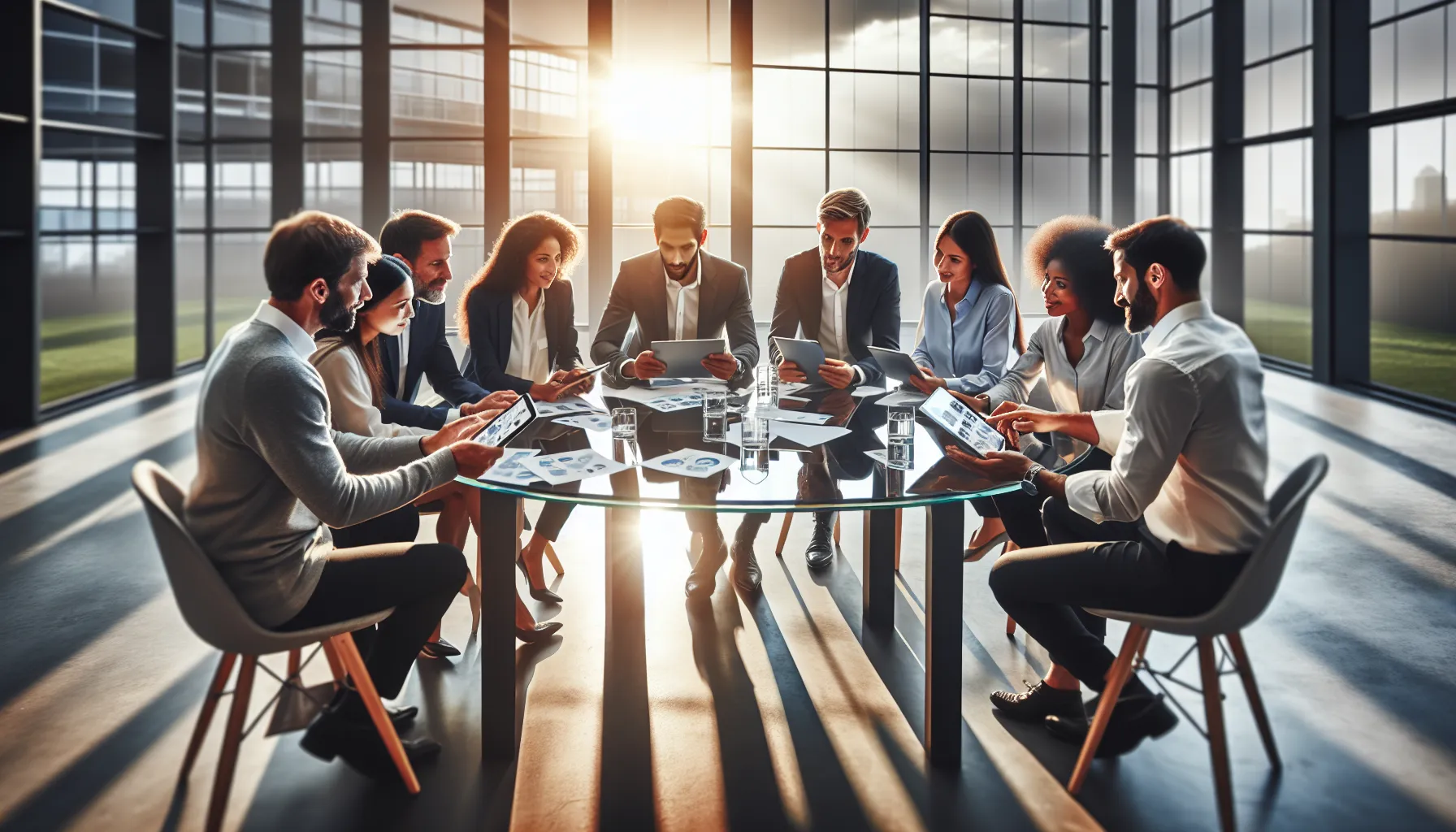 diverse professionals discussing the future of туцыдфи in a modern office.