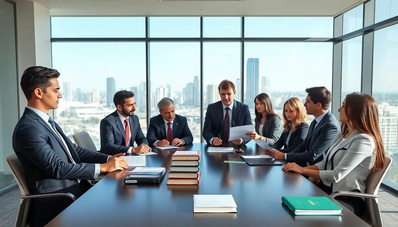 Lawyers and client meeting in a modern Brisbane office.