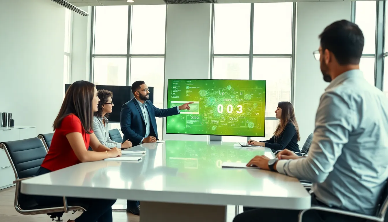 diverse team discussing digital codes in a modern office setting.
