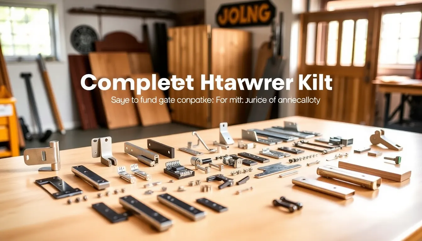 display of a complete gate hardware kit on a workbench.