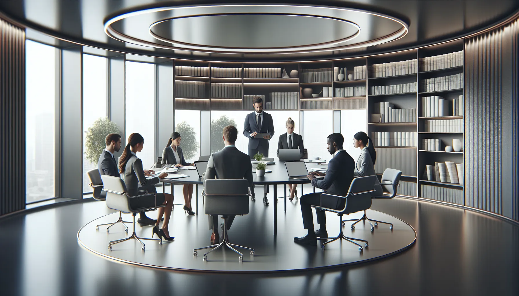 diverse professionals discussing in a modern office.