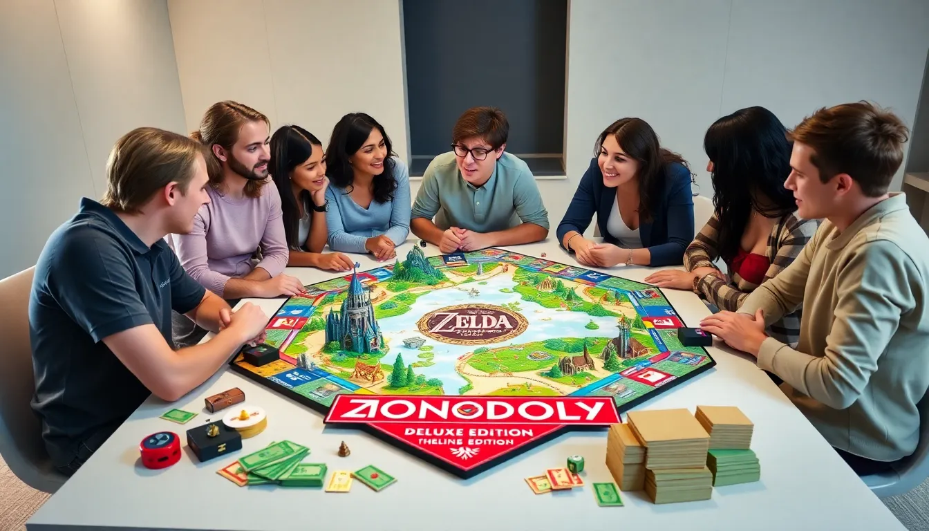 diverse group playing Zelda Monopoly at a modern table.