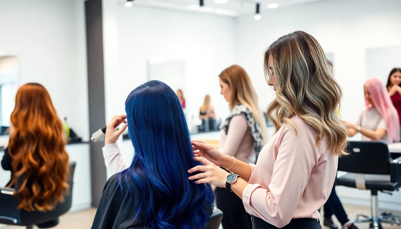 stylists showcasing diverse hair color trends in a modern salon.