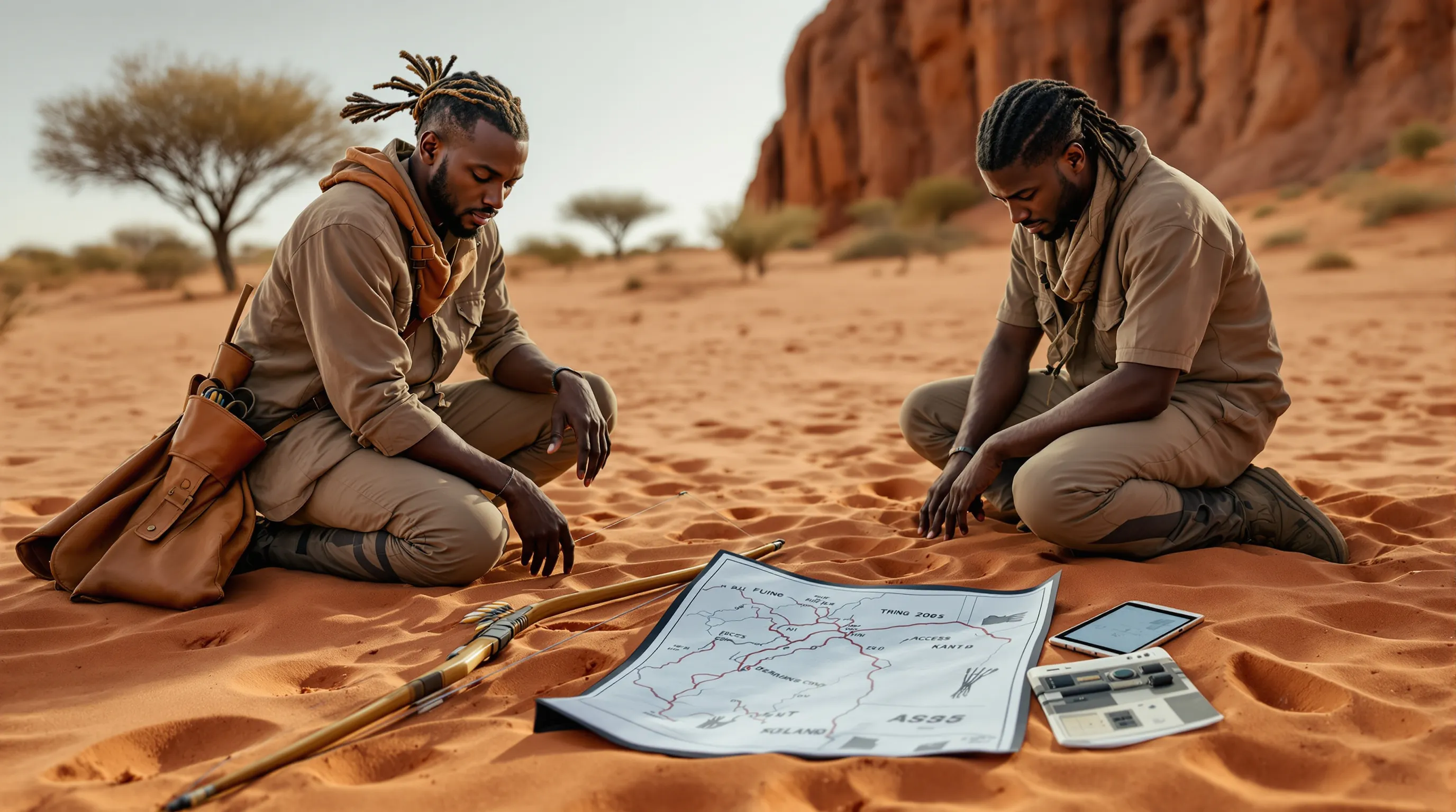 San trackers study Kalahari footprints with bow and a modern field tablet.