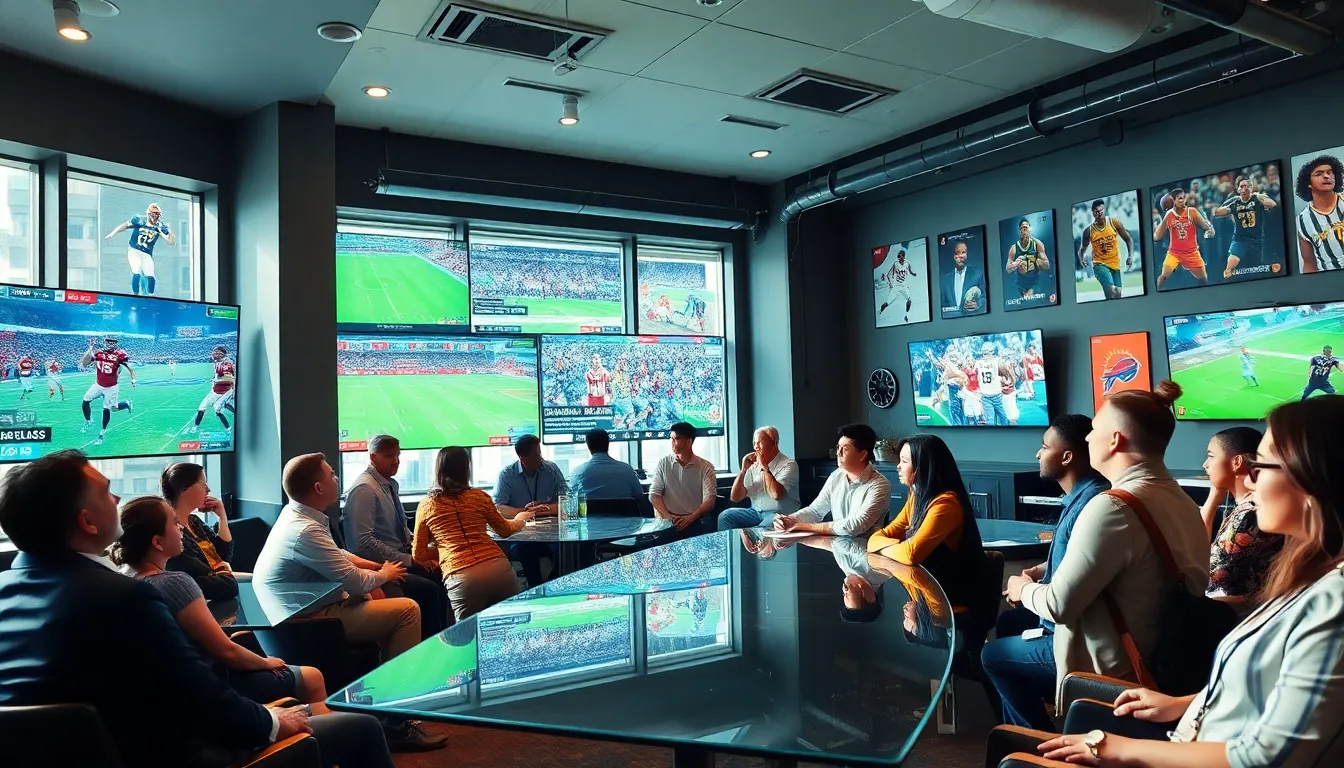 diverse group discussing sports in a modern lounge.