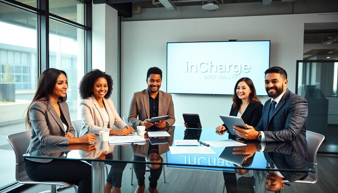 diverse financial team discussing debt solutions in a bright office.