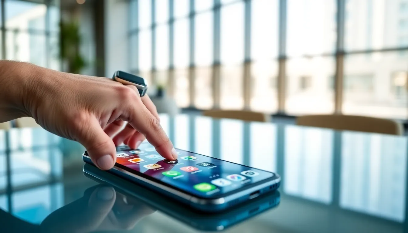 iPhone displaying news app with latest articles in a modern workspace.