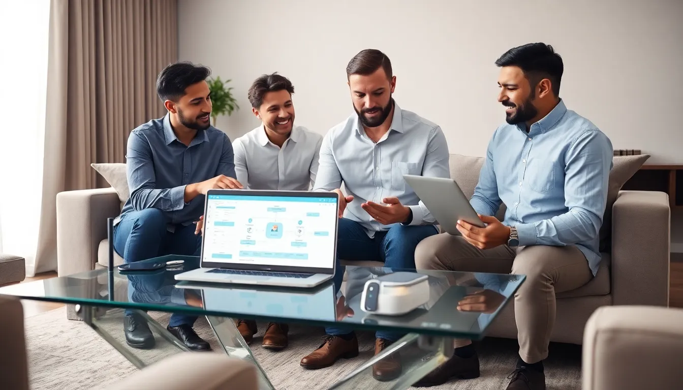 professionals discussing home networking solutions in a modern living room.