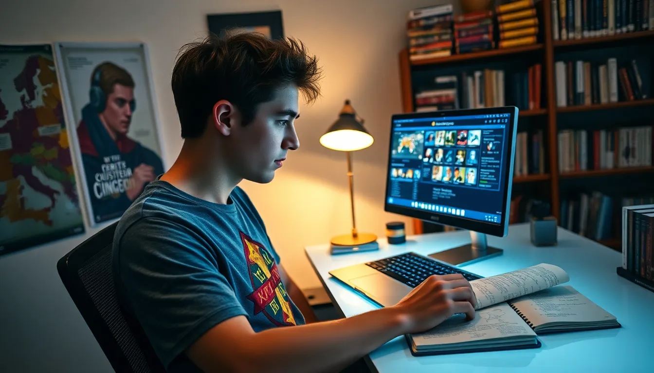 A young man creating game scenarios in a cozy home office.