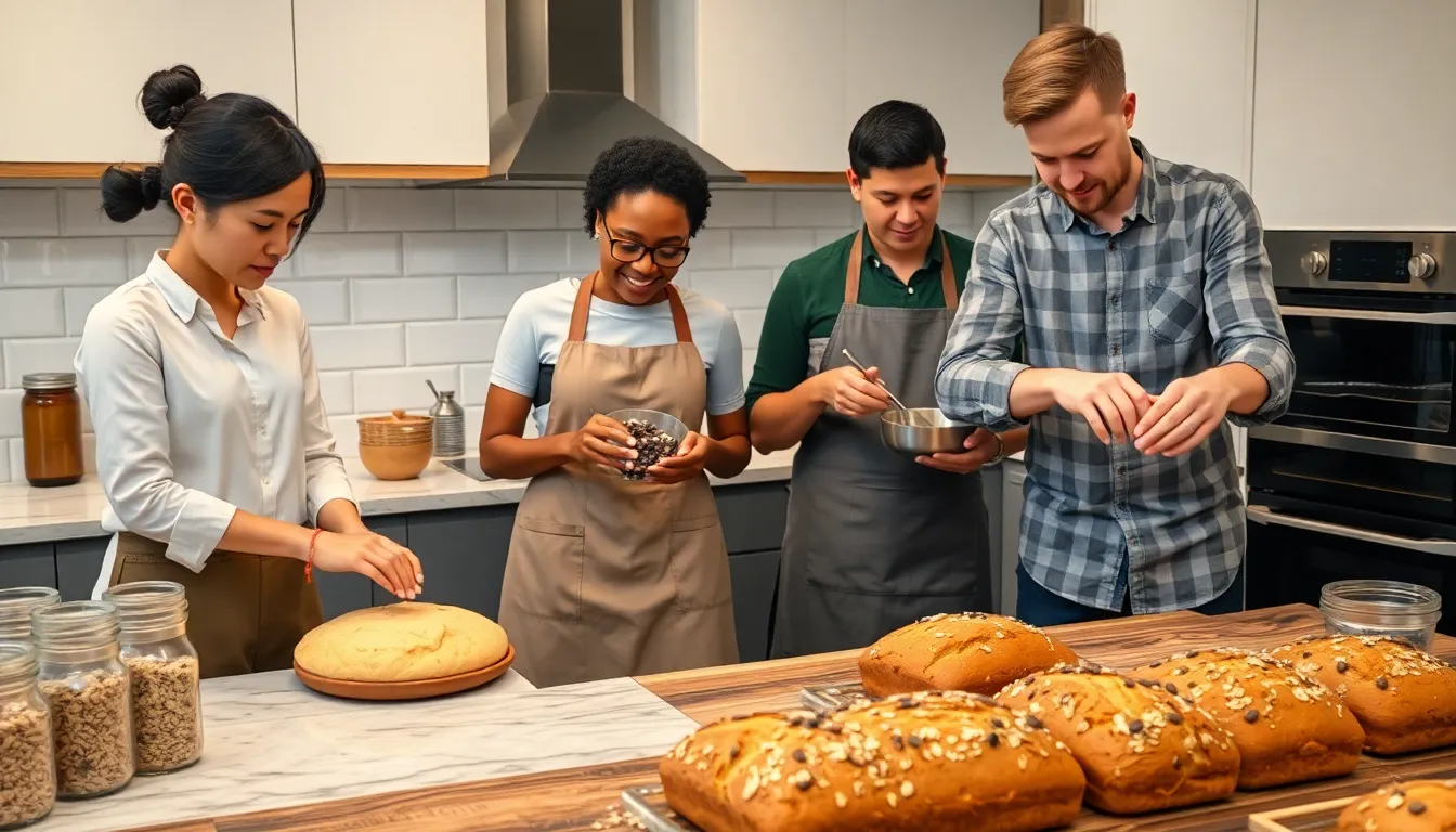 diverse bakers preparing Cookiesforlove Bread in a modern kitchen.