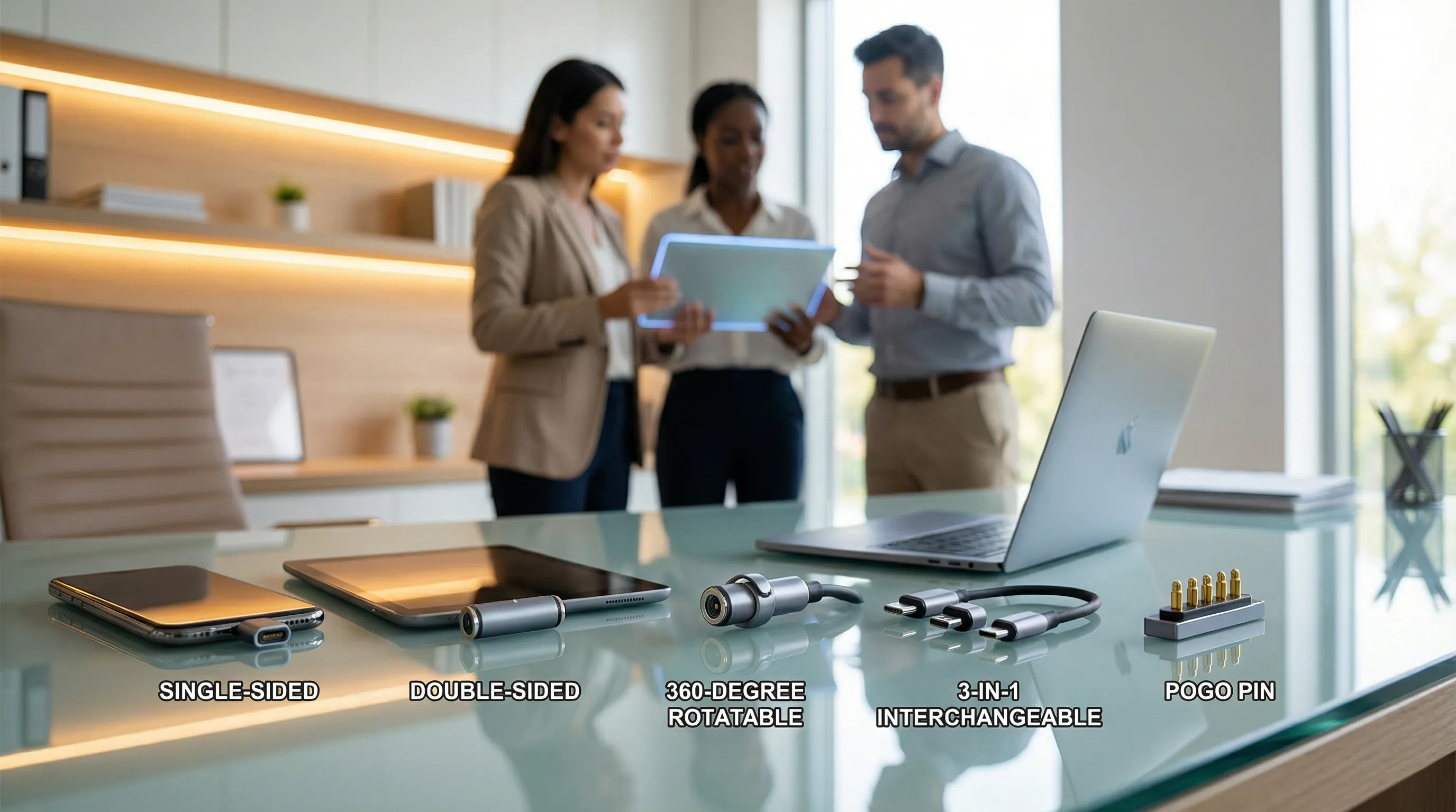 Variety of magnetic cable connectors displayed with phones, tablets, and laptops.