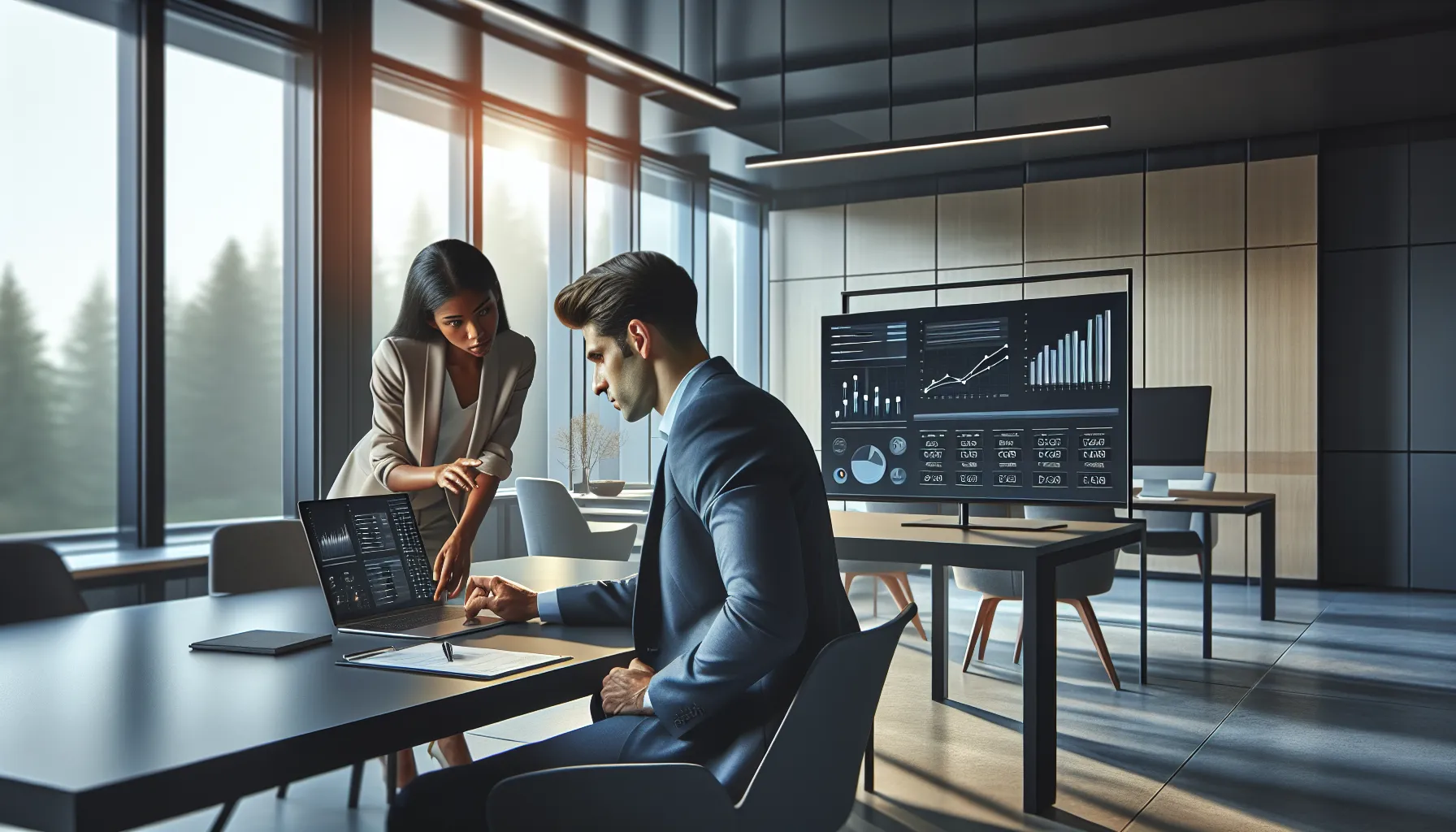 professionals analyzing call tracking data in a modern office.