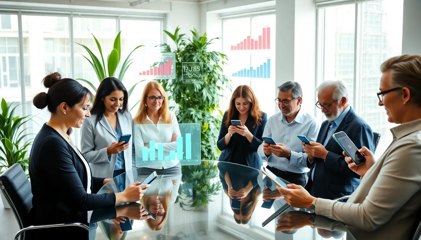 diverse professionals using mobile health apps in a modern office.