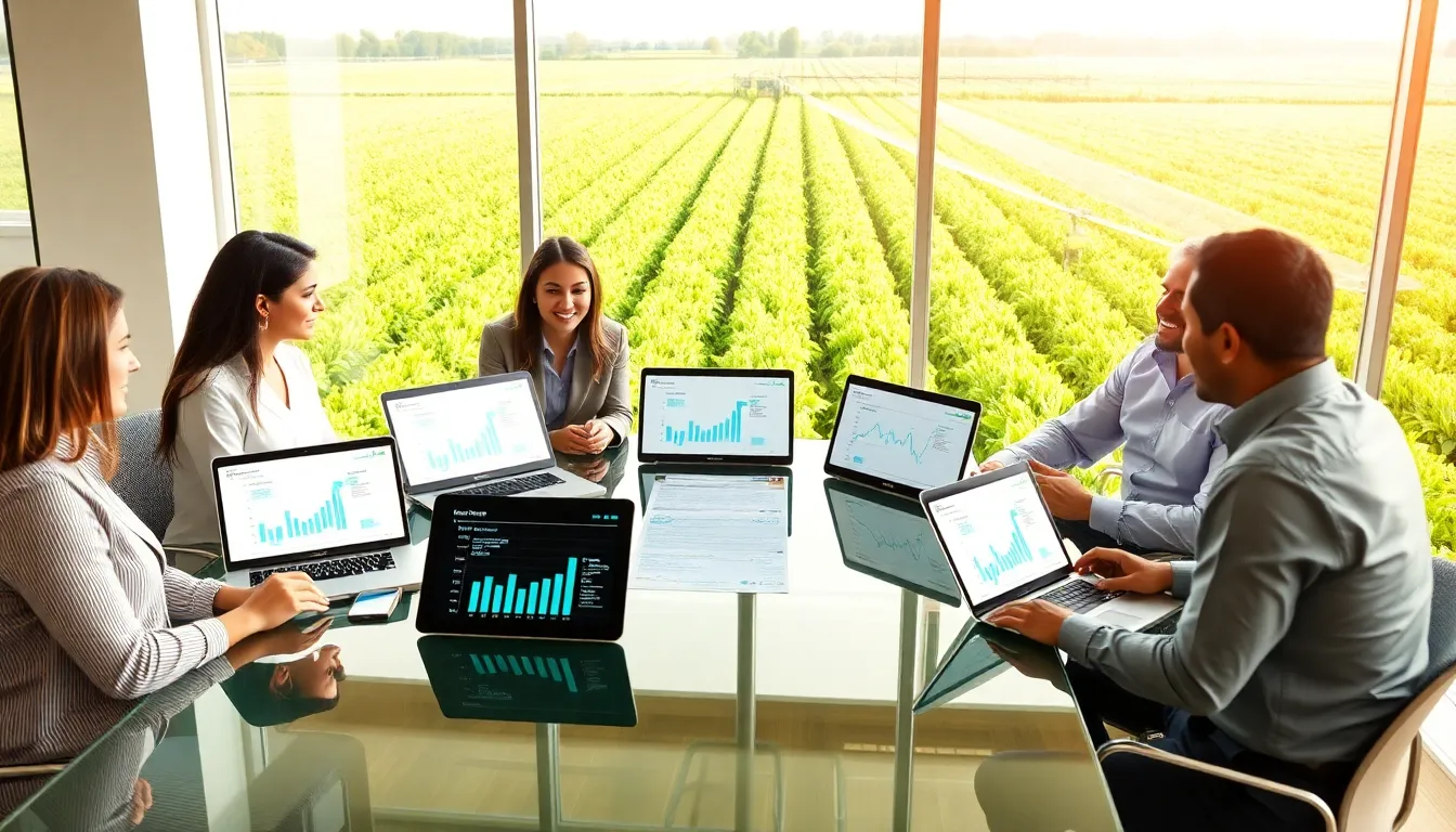 diverse team discussing smart irrigation technology in a modern office.