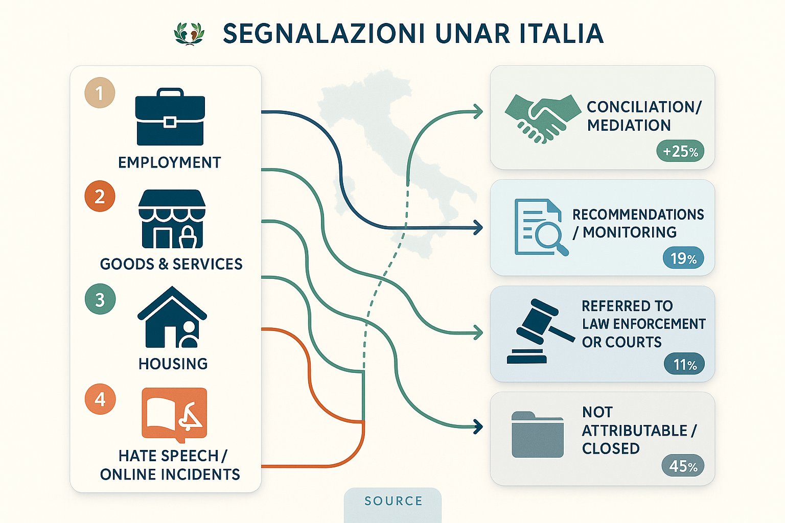 Infografica a due colonne che collega i tipi di reclamo ai risultati UNAR in Italia.