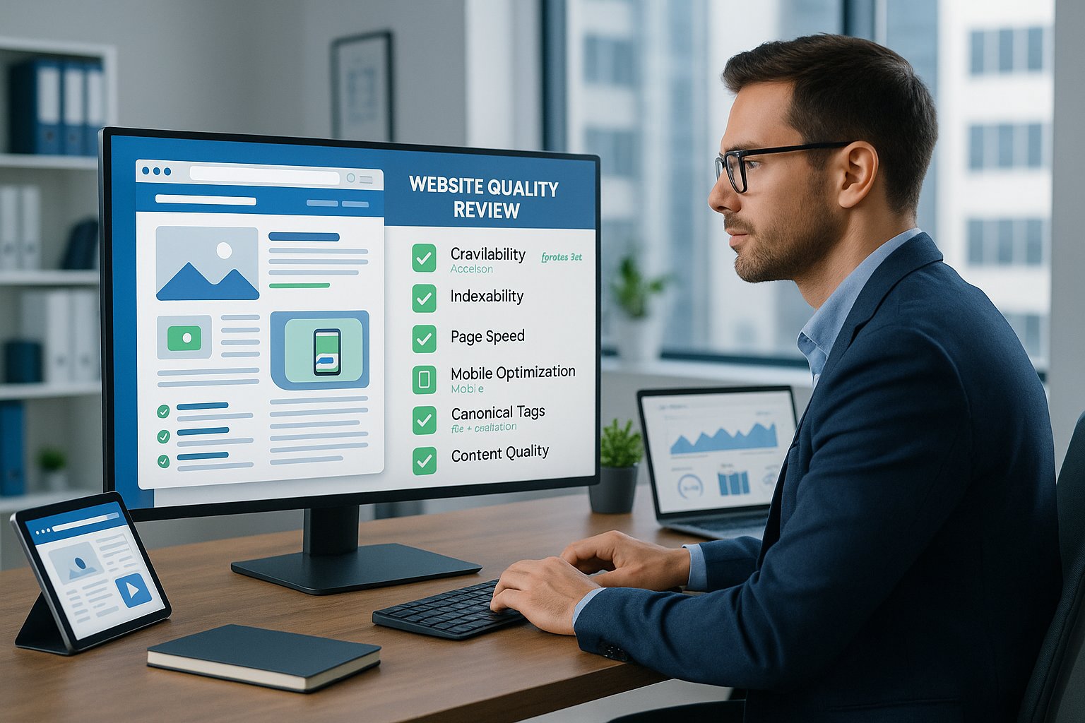 SEO specialist reviewing website quality checklist before submitting pages for indexing.
