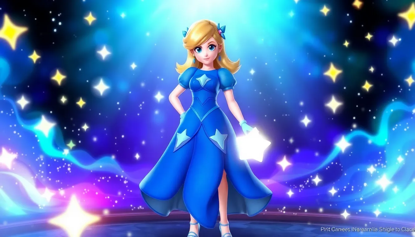 Rosalina using her cosmic abilities in a vibrant gaming environment.