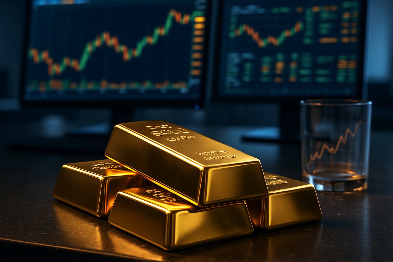 Gold bullion bars stacked on a desk in front of a financial trading workstation.