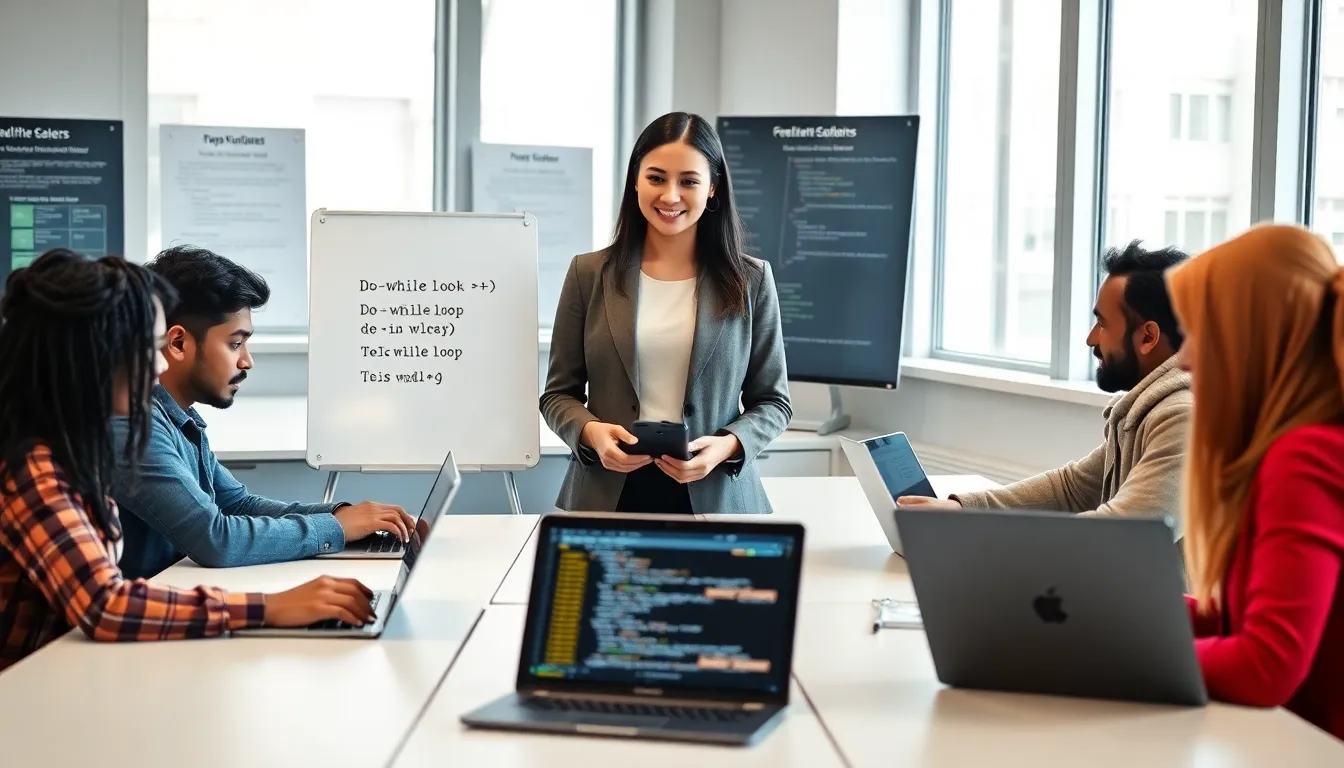 students learning C++ syntax in a modern classroom.