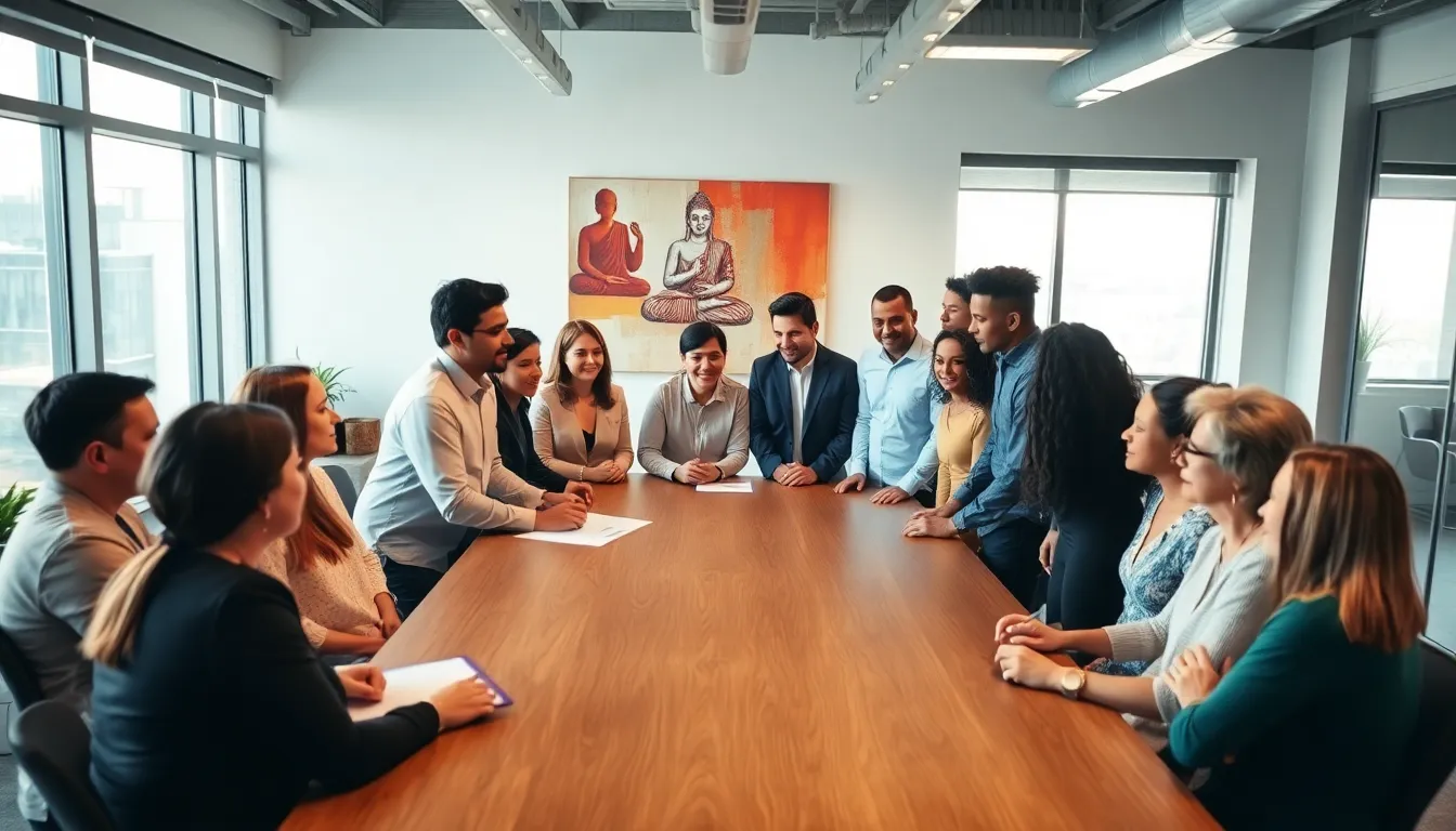 diverse group discussing Itslamss in a modern office.
