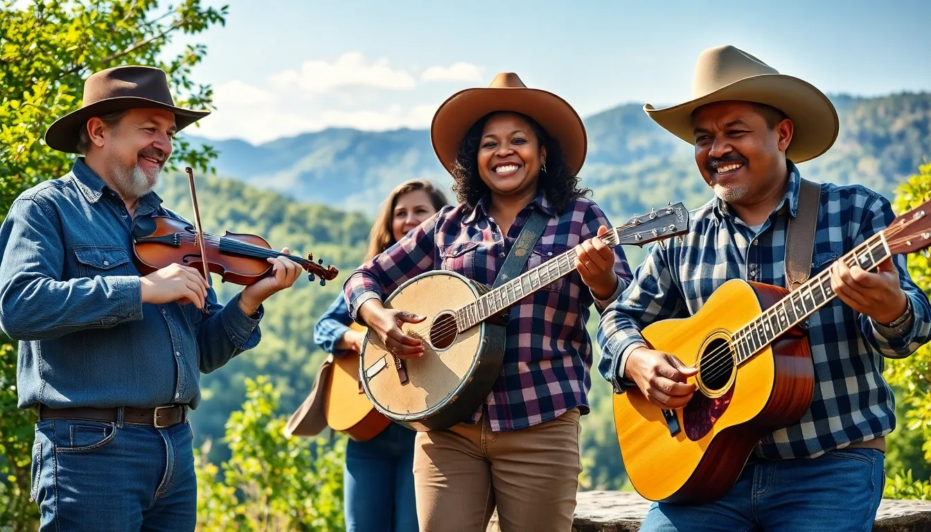 musicians playing old-time country music in a rustic Appalachian setting.