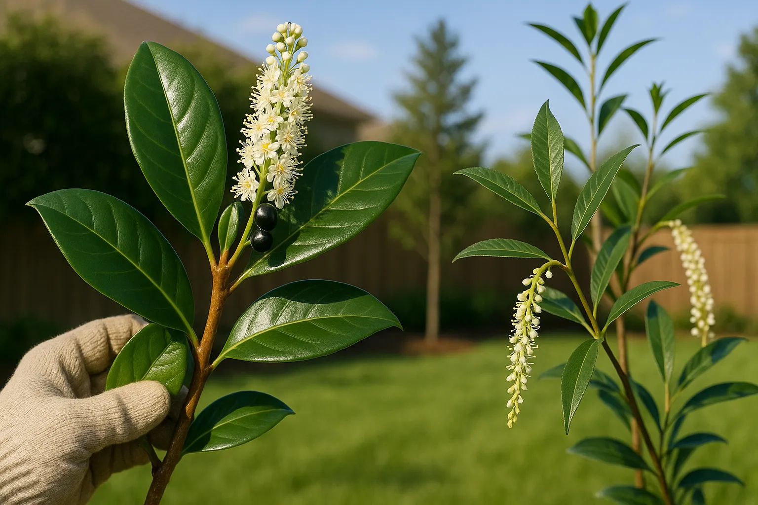 Close-up comparison of cherry laurel and Portugal laurel branches in a garden.