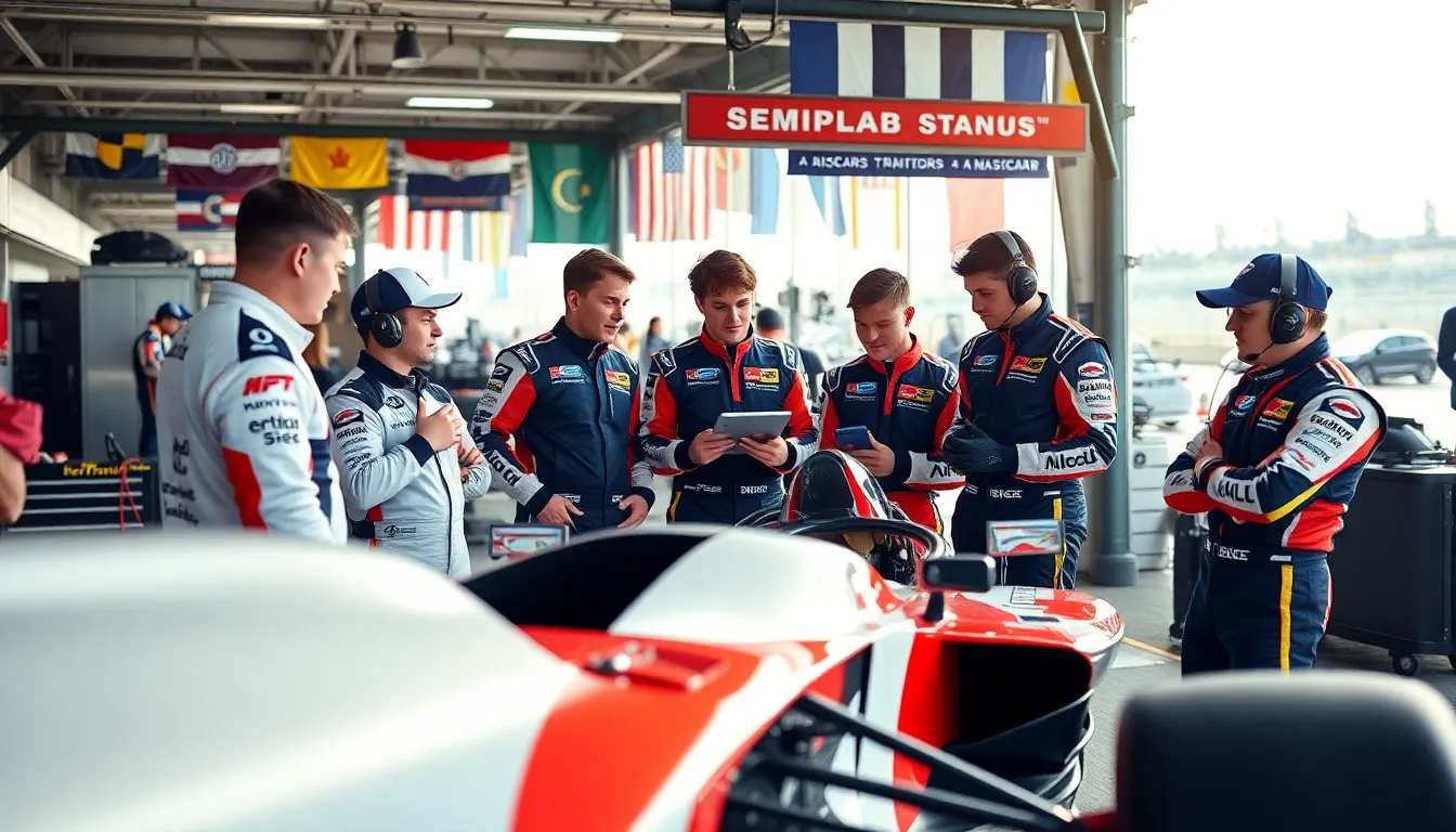 diverse drivers discussing strategies in a vibrant racing pit area.