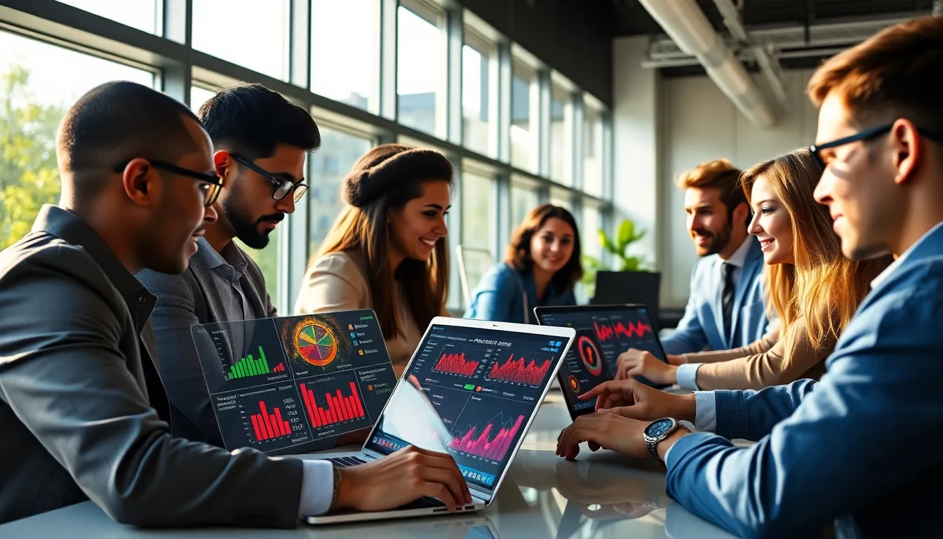 diverse team analyzing Hearthstone gaming stats in a modern office.