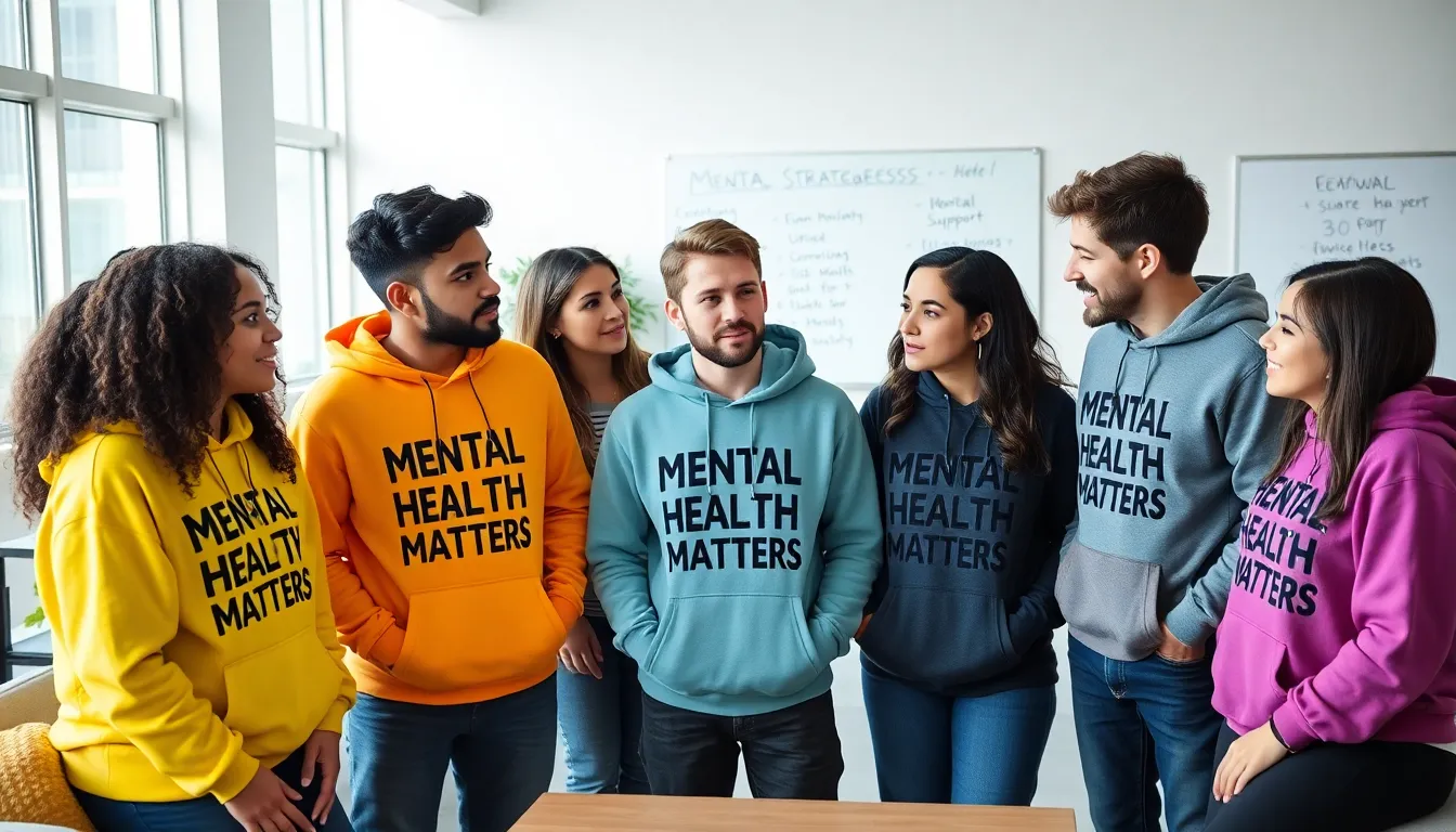 diverse group discussing mental health in a bright workspace.