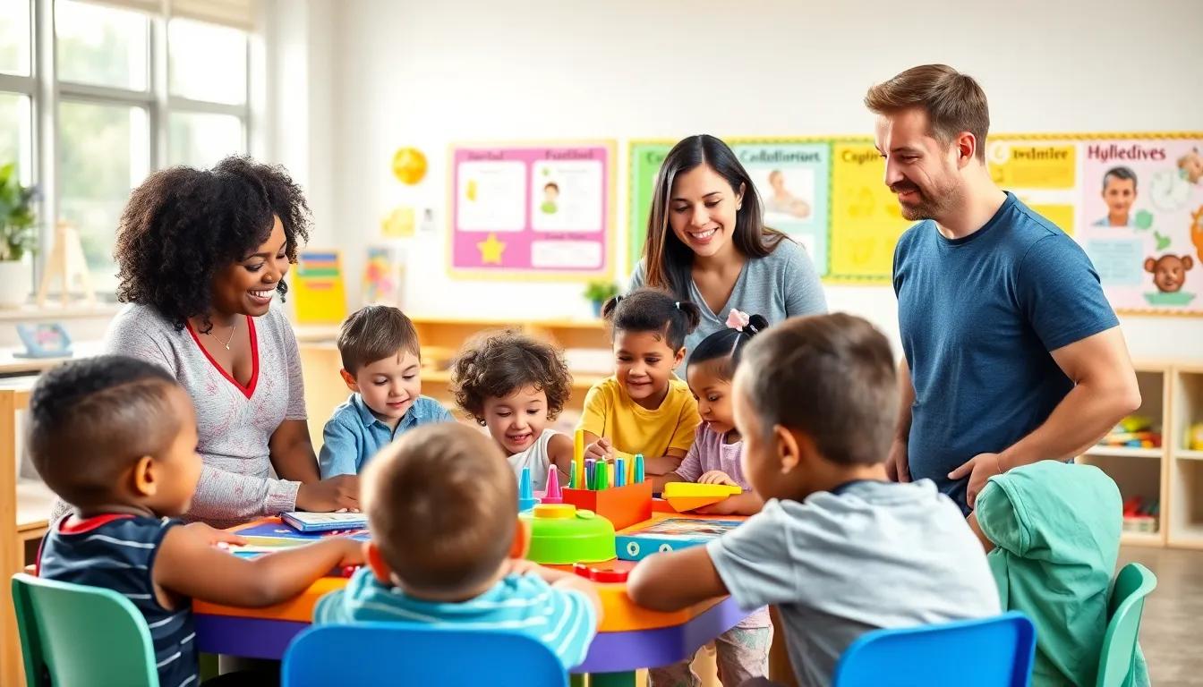 children learning together in a bright, modern classroom.